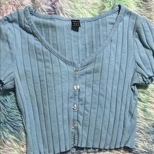 SHEIN Blue Puff Sleeve Ribbed Crop Top